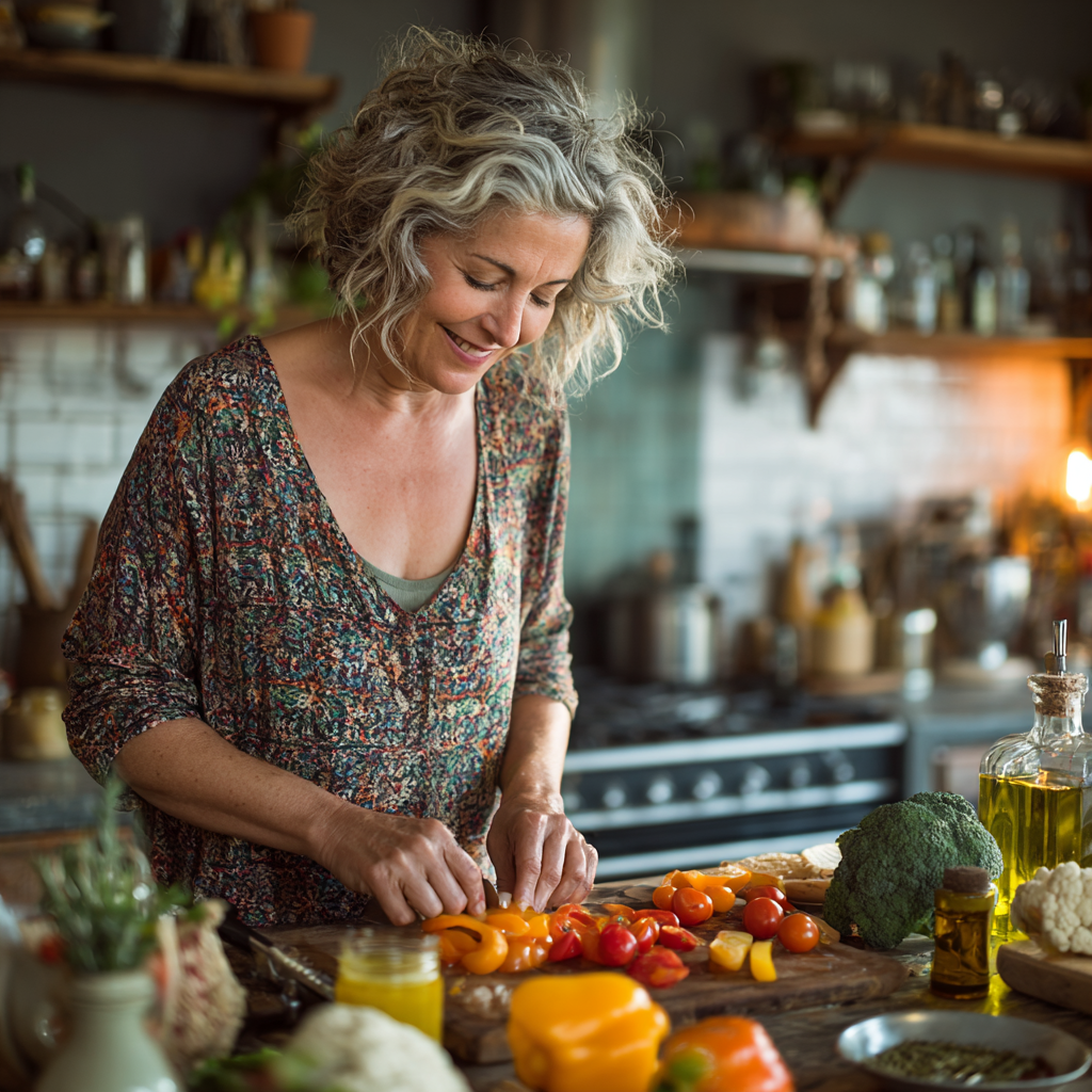 Middle-aged woman preparing healthy colorful meal in modern kitchen